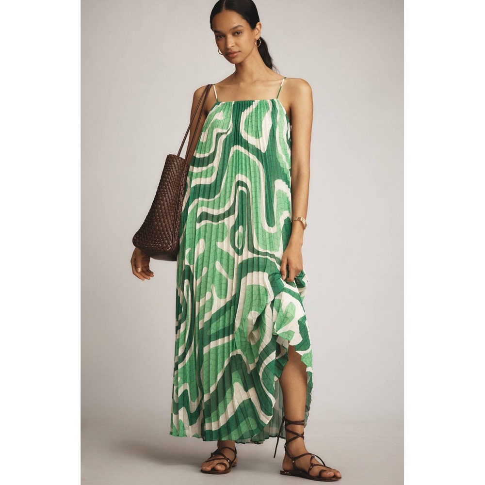 Farm Rio for Anthropologie Green Wavy Abstract Pleated Maxi Dress XS